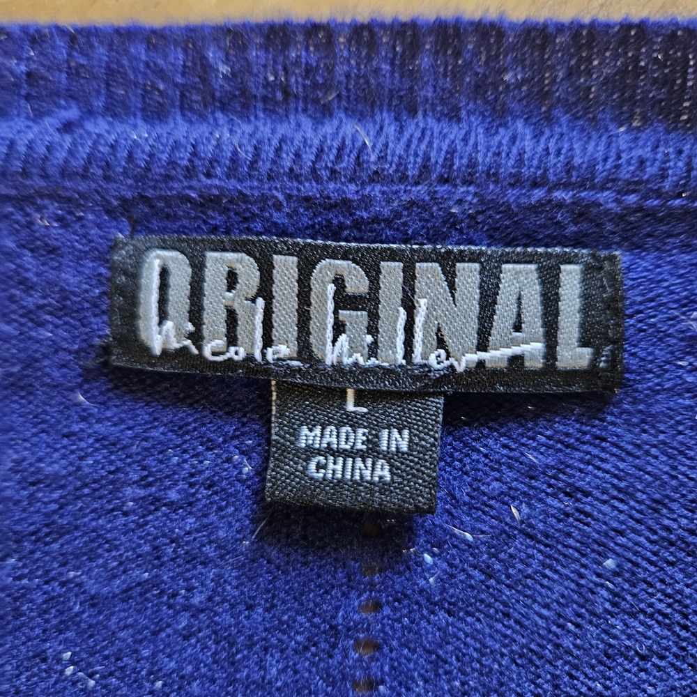 Nicole Miller Deep Blue Button-Up Navy Cardigan Metallic Thread Accent - Picture 7 of 15